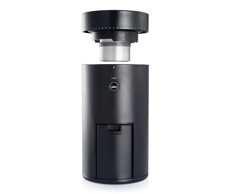 Eine schwarze Wilfa Kaffeemühle »Svart Uniform+« mit Behälter.