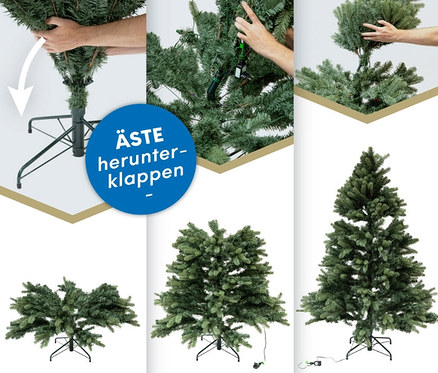 Montage des künstlichen Weihnachtsbaums »Roswell« mit LED-Lichterkette, 150 cm, in mehreren Schritten.