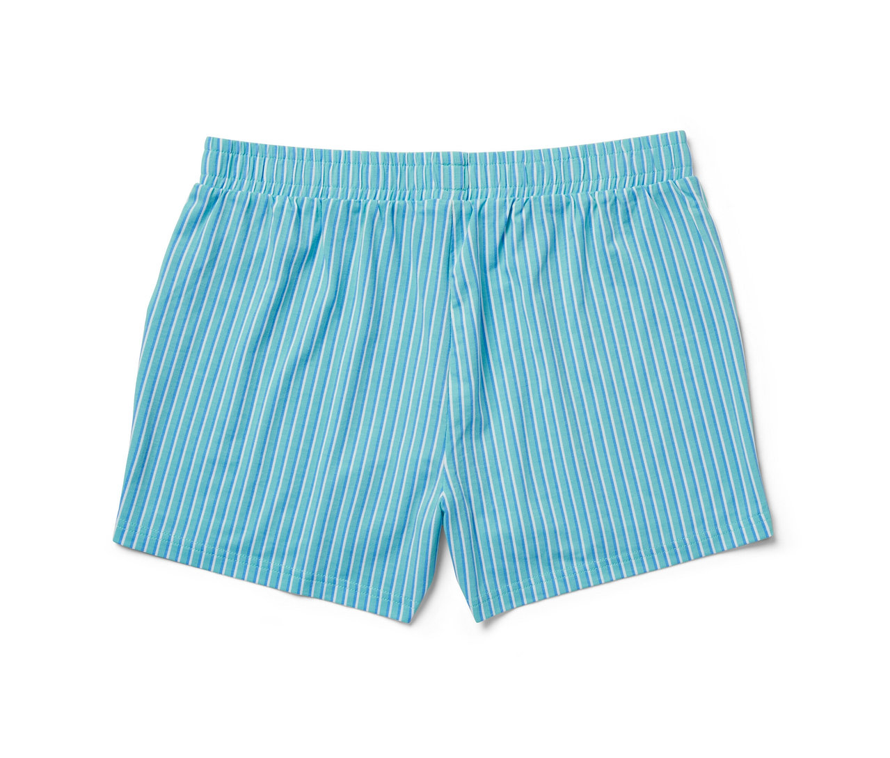 Blaue, gestreifte Shorts.