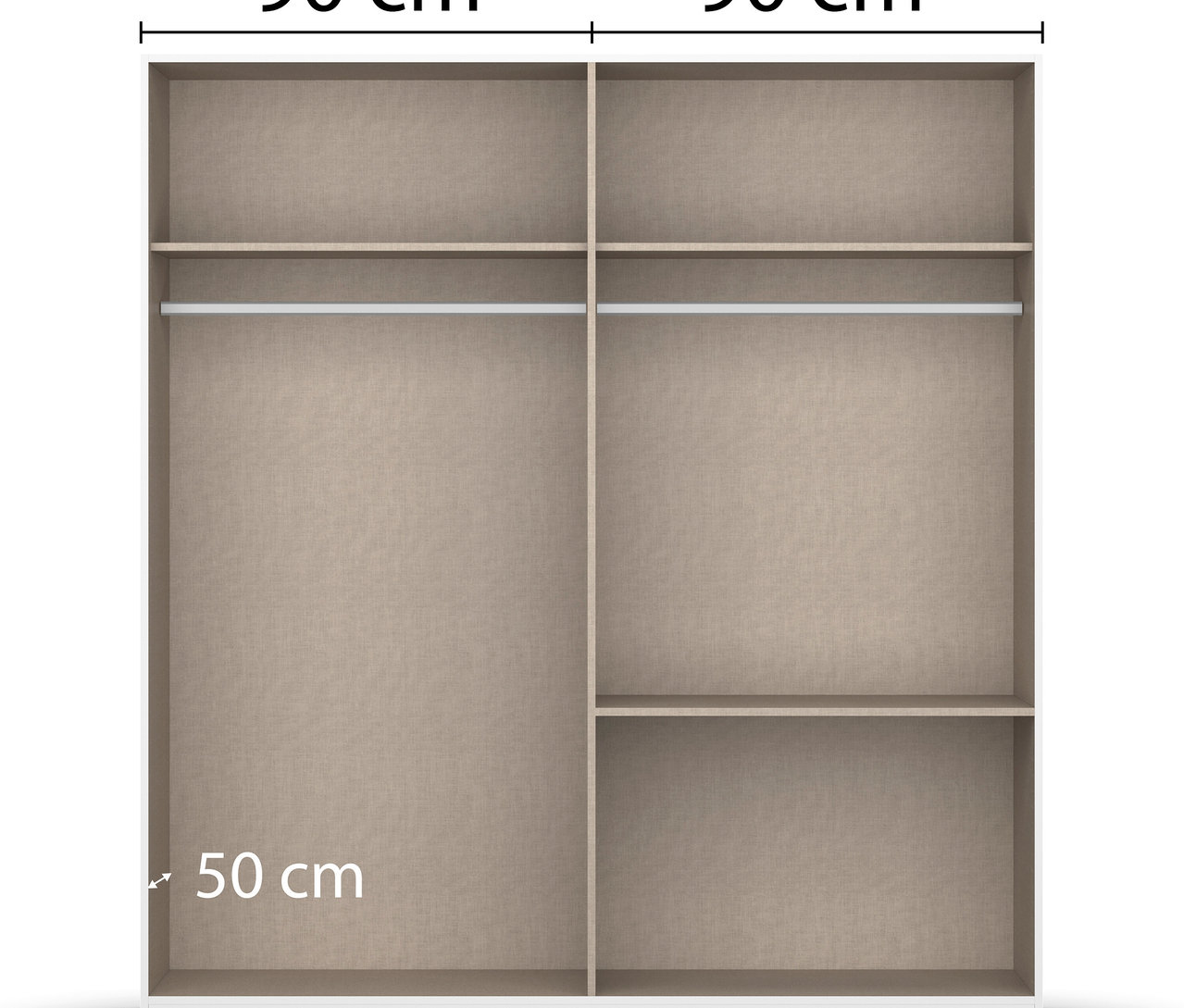 Innenansicht des weißen Kleiderschranks »Skandi« mit zwei Regalböden und einer Kleiderstange.