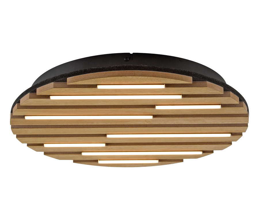Ovale Deckenleuchte mit horizontalen Holzlamellen und schwarzem Rand.