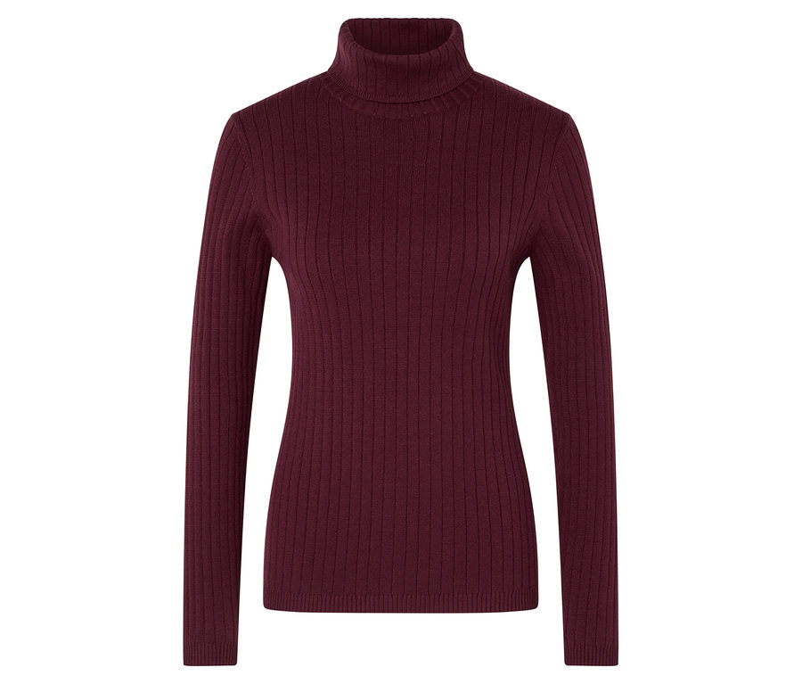 Ein burgunderroter Rollkragenpullover mit Rippenmuster.