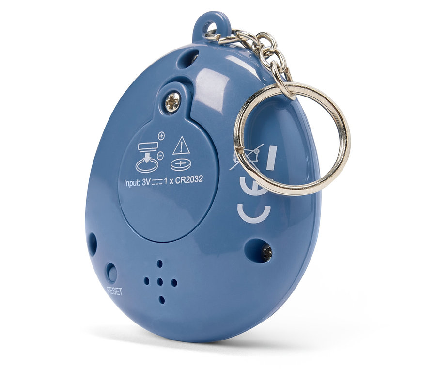 Blauer eiförmiger Schlüsselanhänger mit Metallring und Kette.