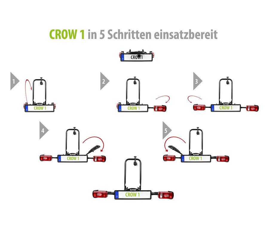 Anleitung in fünf Schritten für den Fahrradträger »CROW 1«.