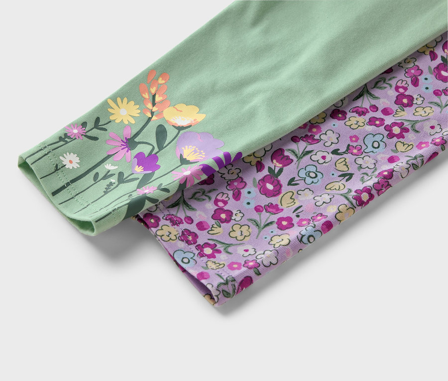 Detail zweier Stoffärmel. Einer ist hellgrün mit bunten Blumen, der andere lila mit kleinen Blüten.