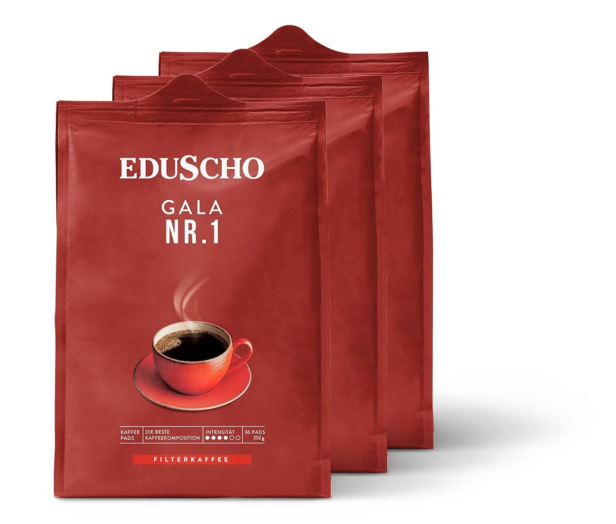 Drei Packungen Eduscho Gala Nr. 1 Kaffeepads liegen nebeneinander.