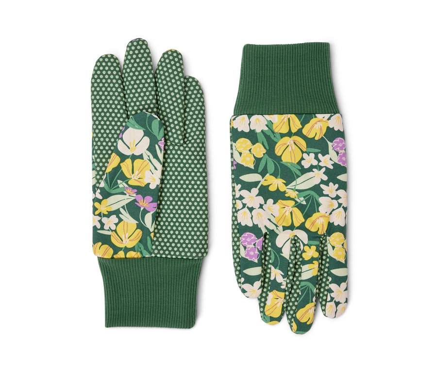 Zwei Garten-Handschuhe liegen da. Ein Handschuh hat ein grünes Blumenmuster, der andere ein grünes Punktmuster.