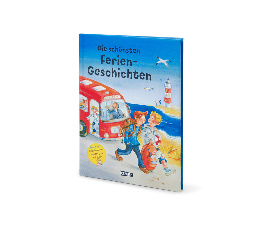 Illustration des Buchs »Die schönsten Feriengeschichten«: Kinder am Strand mit Badehaus und Bus.