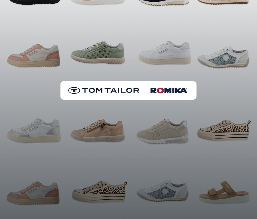 Verschiedene Schuhe der Marken Tom Tailor und Romika sind auf einem grauen Hintergrund in einem Raster angeordnet, darunter eine Romika Sandale, PU sand.