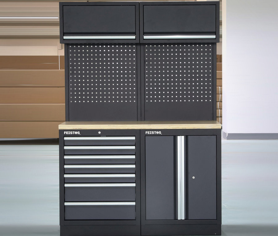 Ein schwarzer FEISTOS Werkzeugschrank »Apollo 5« mit Schubladen und Türen.