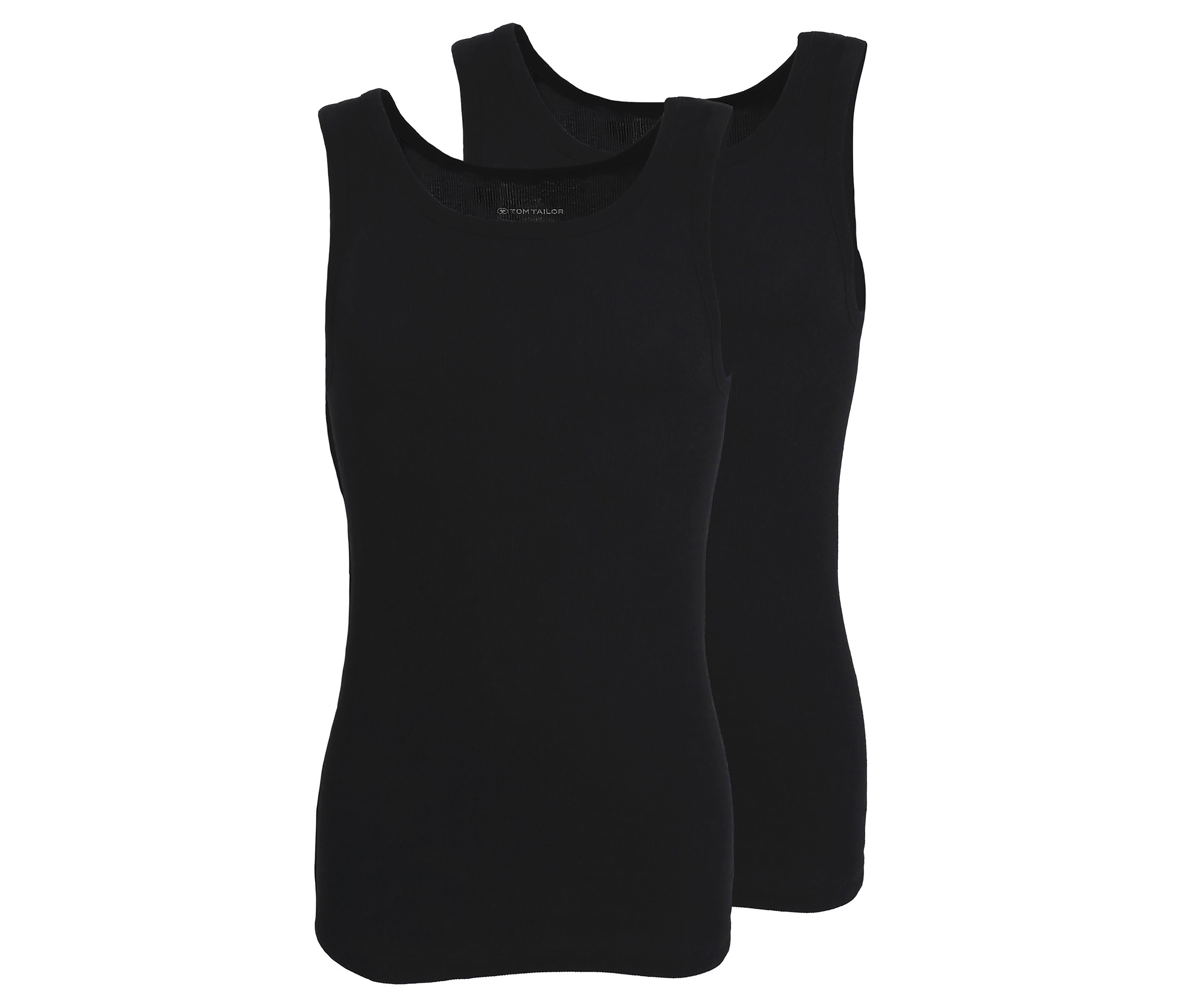 Zwei schwarze Tom Tailor »Montana« Unterhemden gestapelt.