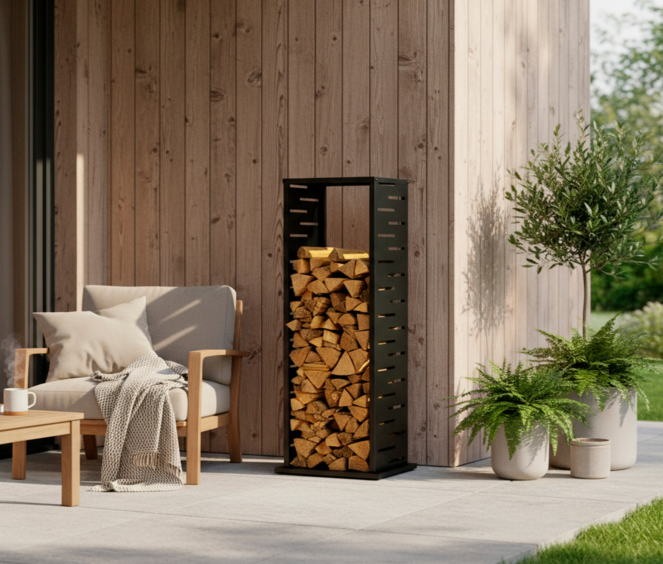 Brennholzregal aus schwarzem Metall, gefüllt mit Holzscheiten, steht auf einer Terrasse neben einem Holzhaus.