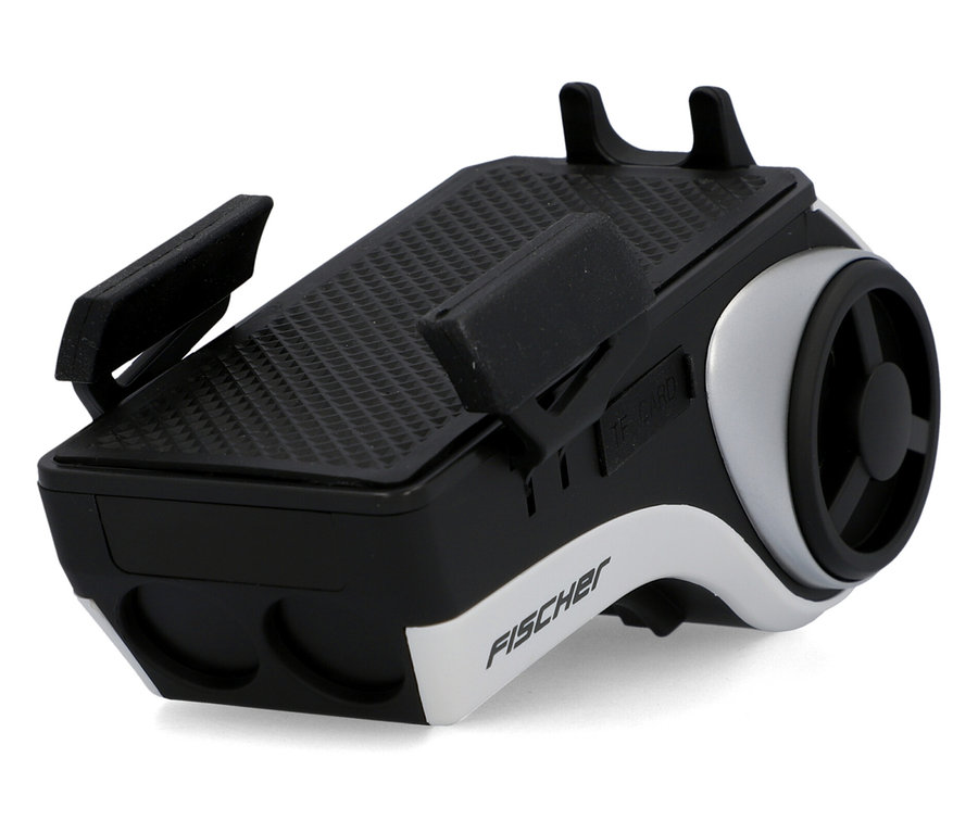 Nahaufnahme der FISCHER Fahrrad-Multimedia-Smartphone-Box, die schwarz und silberfarben ist.