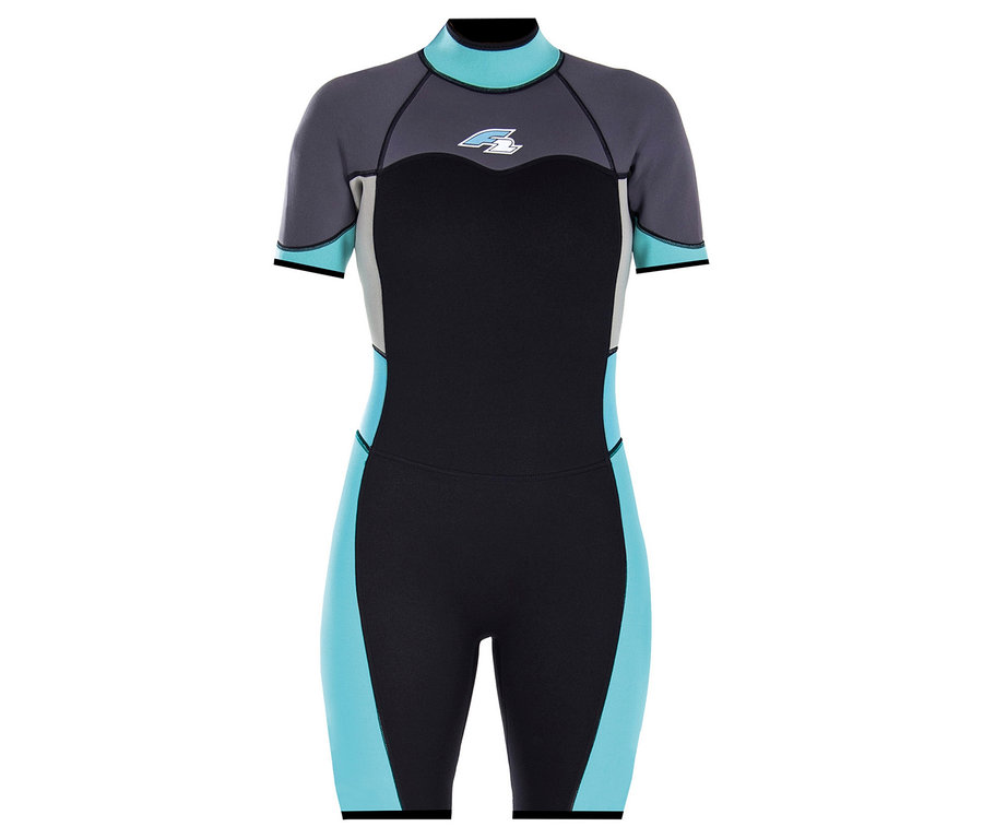 Der F2 Damen-Neoprenanzug »Gipsy Shorty«, 3/2 mm ist schwarz mit türkisen und grauen Details.