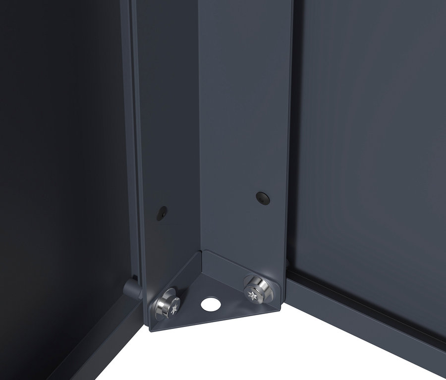 Nahaufnahme einer Ecke eines anthrazitfarbenen Pflanzkastens mit Einlegeboden, Höhe ca. 52cm.