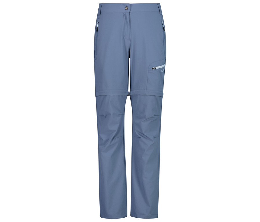 Eine blaue, lange, teilweise geöffnete Hose mit Taschen ist vor einem weißen Hintergrund zu sehen.