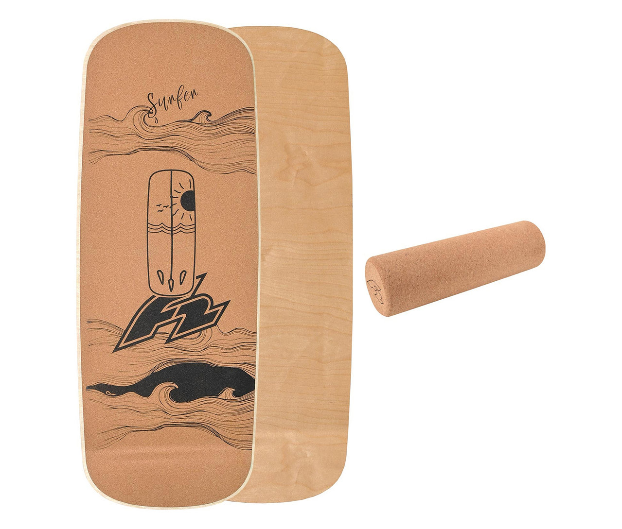 F2 Cork Balance Board Set Pill mit Korkrolle, bestehend aus Balance Board mit Korkoberfläche und Korkrolle.