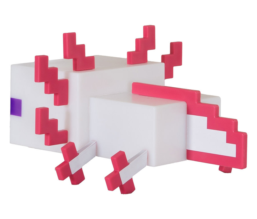 Pixel-Art-Axolotl-Figur, weiß mit pinkfarbenen Akzenten.