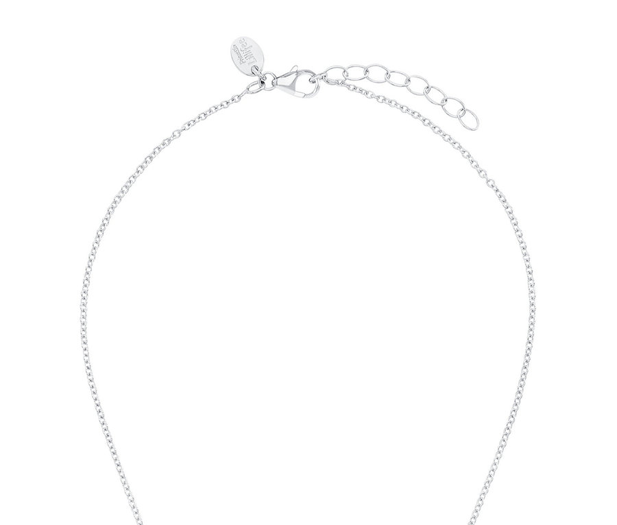 Nahaufnahme einer silbernen Halskette mit Verschluss und kleinem Markenemblem.