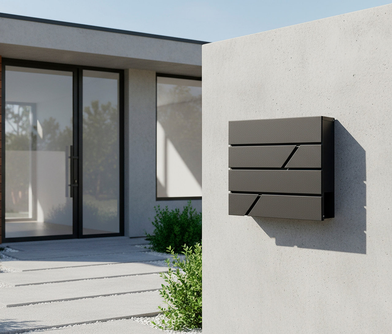 Ein anthrazitfarbener Briefkasten hängt an einer hellgrauen Betonwand. Im Hintergrund sind ein Haus und ein Weg zu sehen.