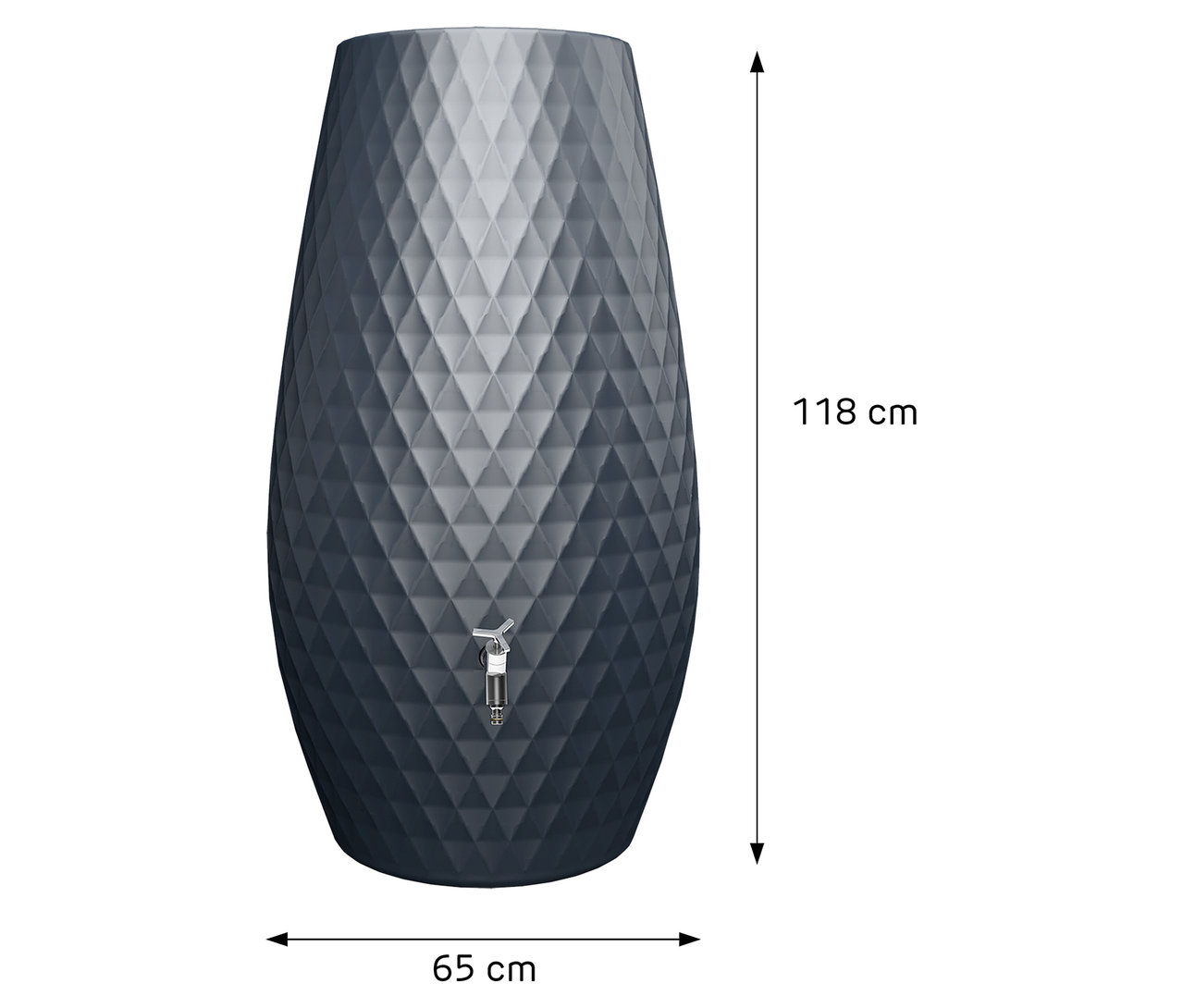 Grauer Wassertank mit geometrischem Muster und den Maßen 118 cm Höhe und 65 cm Breite.