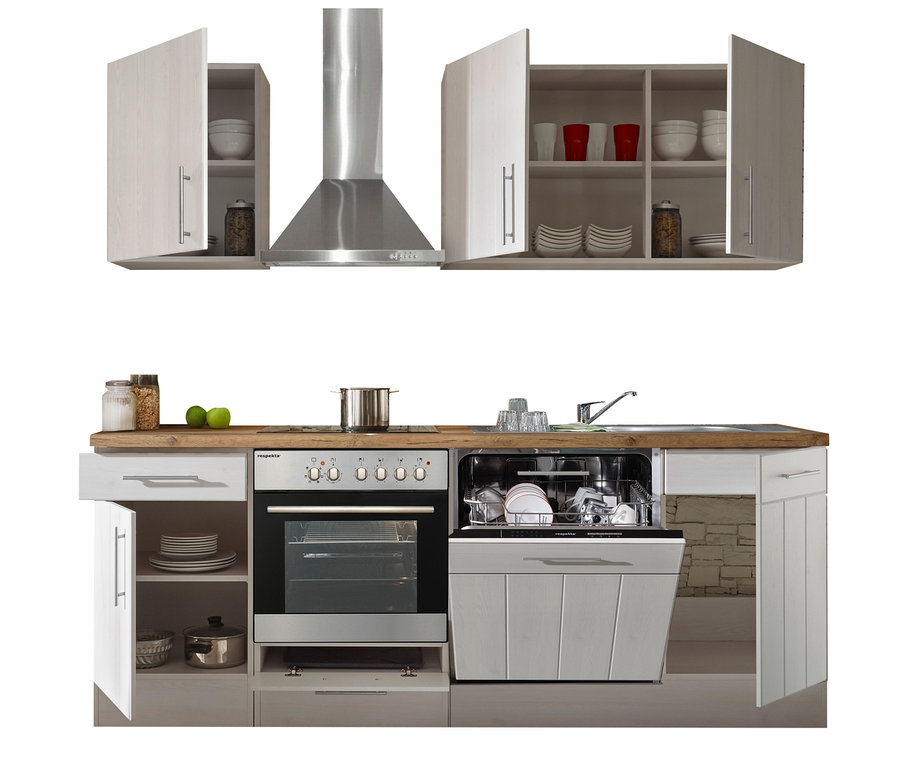 Respekta Premium Küchenblock »Landhaus«, ca. 220 cm mit offenen Schränken und Geräten.