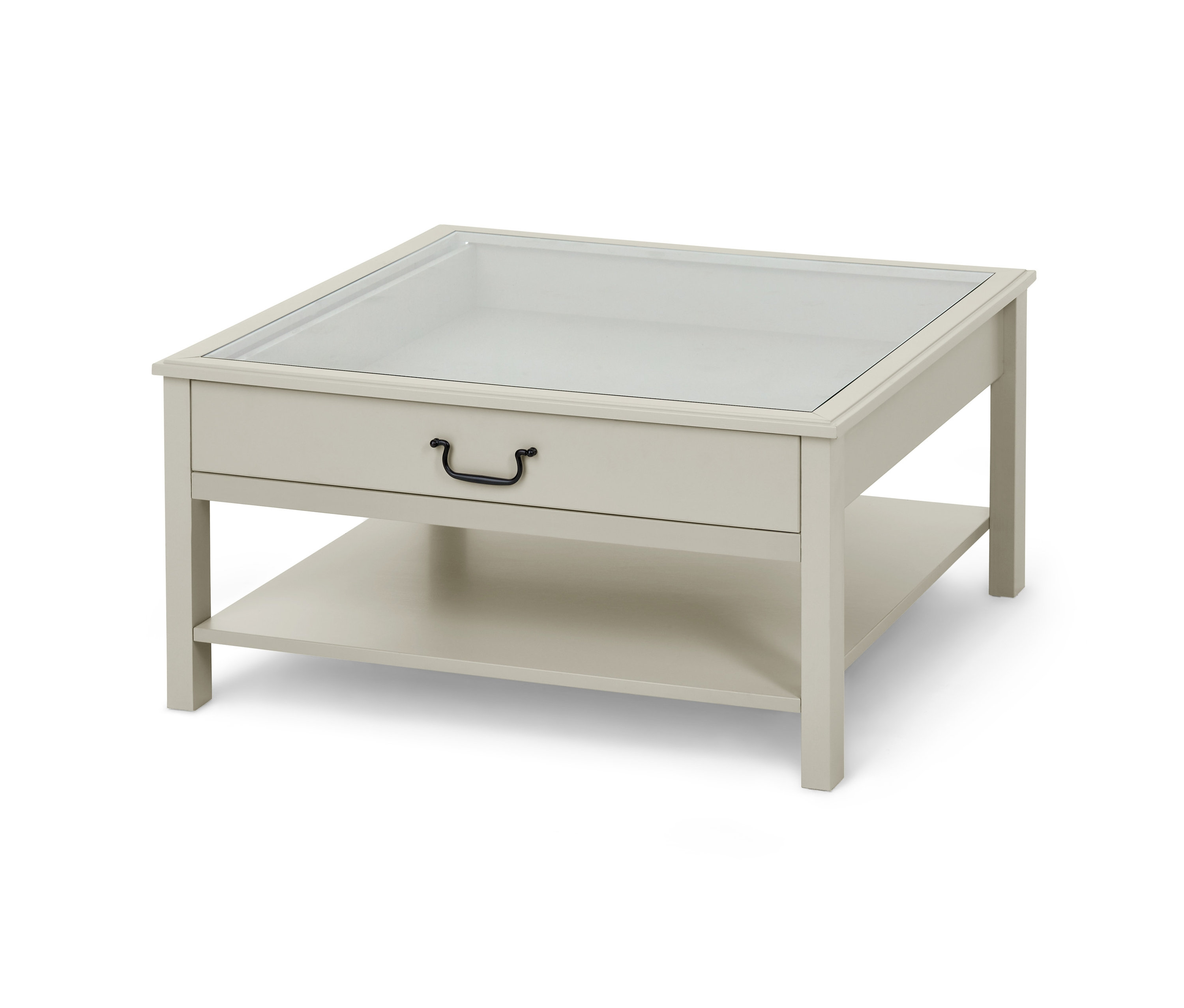 Beiger Couchtisch mit Glasplatte.