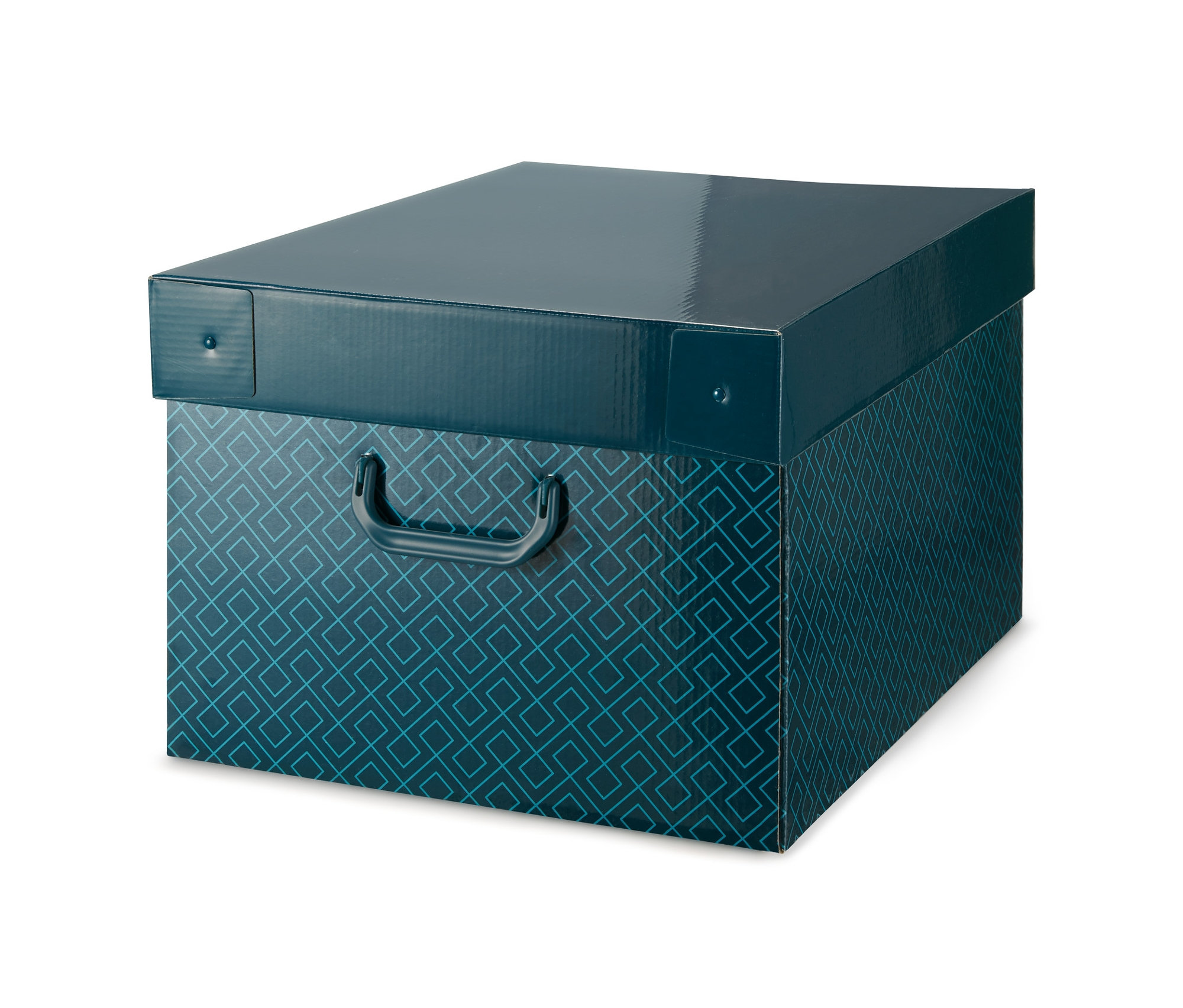 Eine blaue Weihnachtsdeko-Ordnungsbox mit geometrischem Muster.