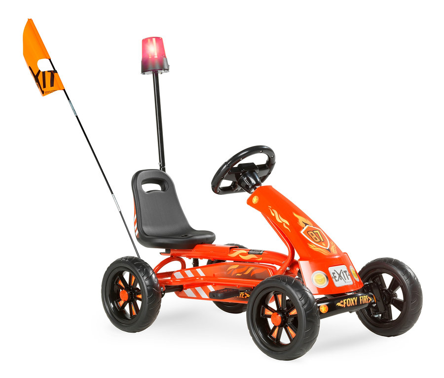 Ein orangefarbenes EXIT Gokart »Foxy Fire« mit schwarzen Details, einer Flagge und einem Licht.