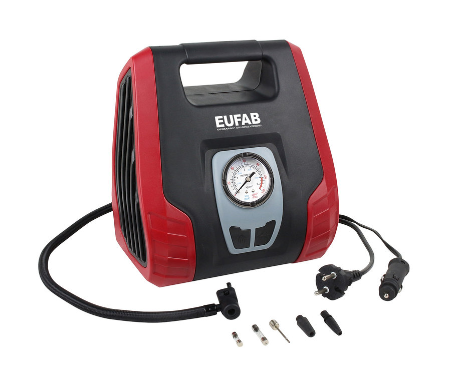 Ein rot-schwarzer EUFAB-Dual-Power-Kompressor mit Manometer und Zubehör auf weißem Hintergrund.