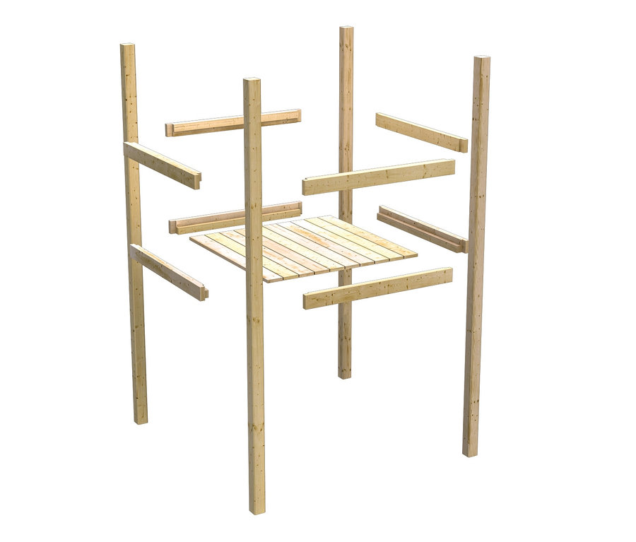 Unfertige Holzkonstruktion eines Kinderspielplatzes mit Pfosten und Plattform.