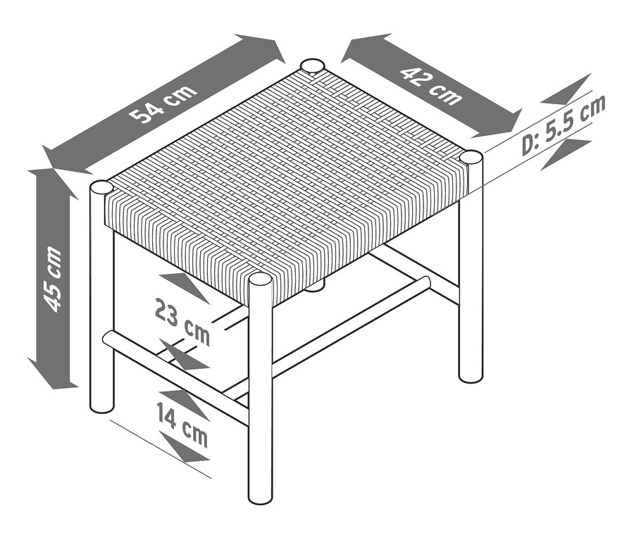 Skizze eines Hockers mit Geflecht und Maßangaben.