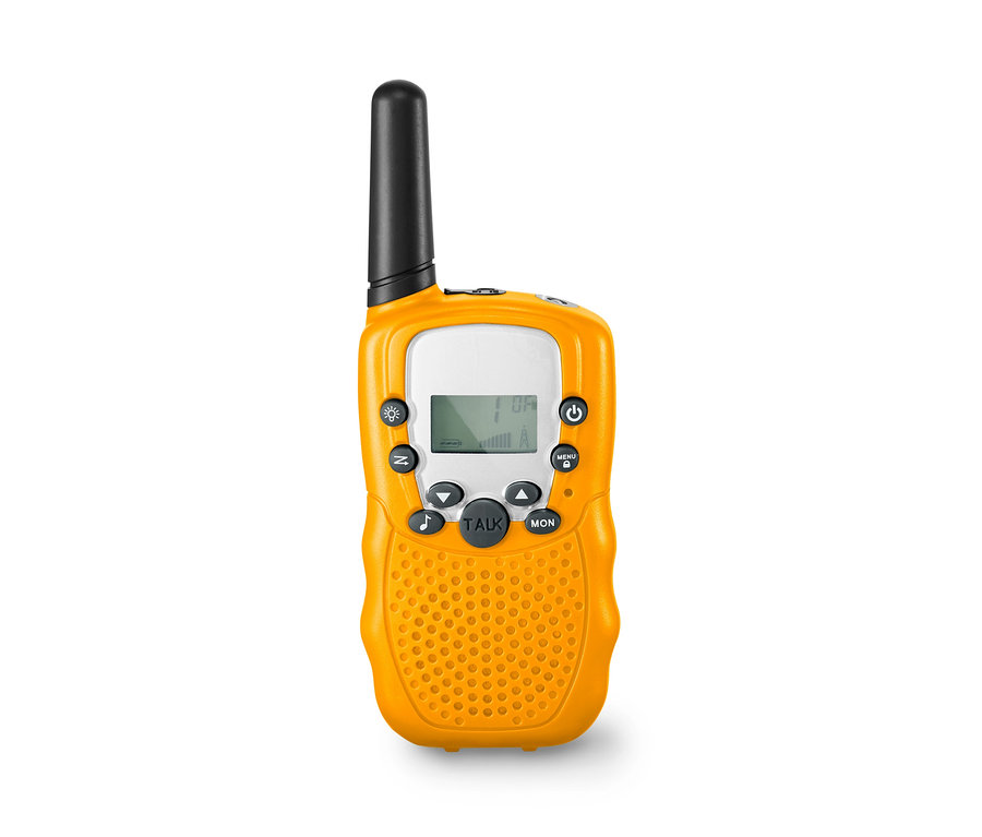 Ein gelbes 2 Walkie-Talkies mit schwarzer Antenne.