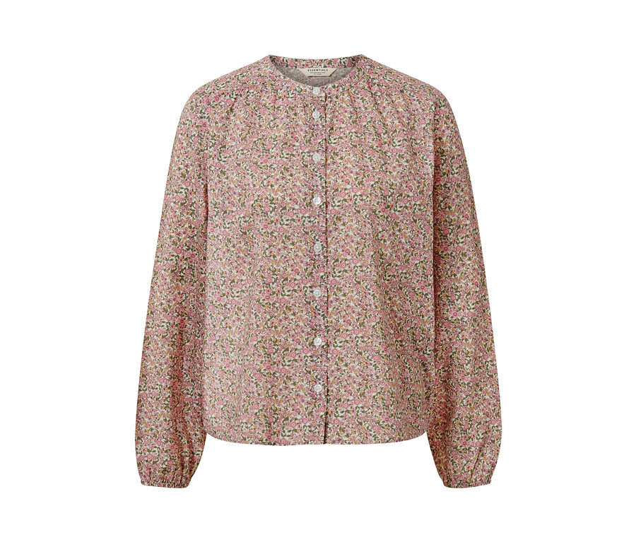 Eine florale Bluse mit langen Ärmeln und Knöpfen.