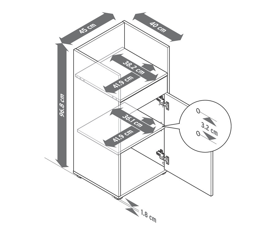 Zeichnung eines kleinen Büroschranks mit Furnierkante und Abmessungen.