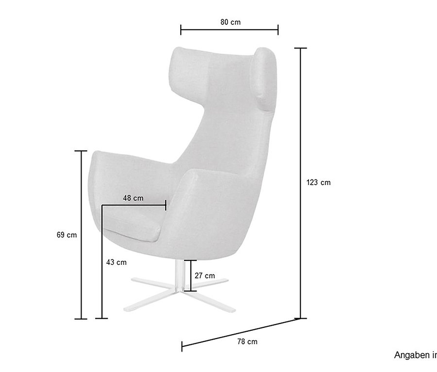 Die Maße des Ohrensessels »Sansa« werden mit Linien und Zahlen dargestellt.