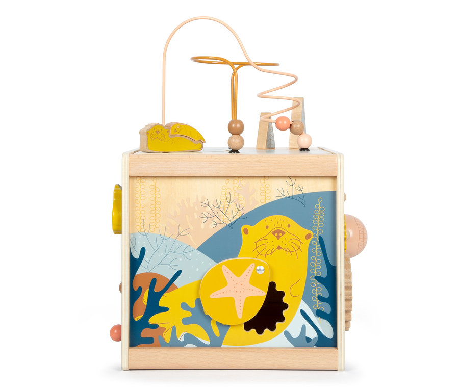 small foot Motorikwürfel "Seaside" aus Holz mit Motorikschleife, Drehscheibe und Seeotter-Motiv.
