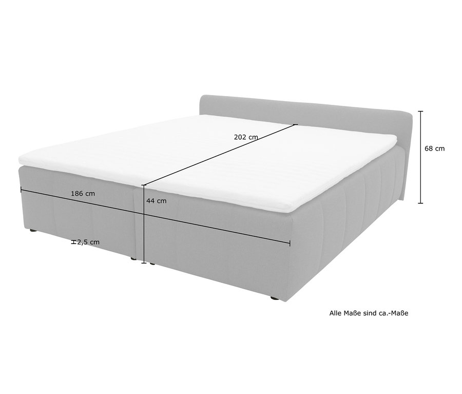 Abmessungen des grauen DOMO collection Boxspringbetts 180 x 200 cm inklusive Topper.
