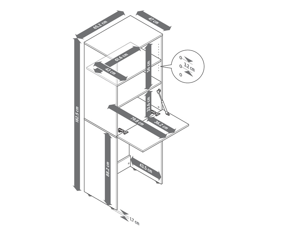 Abbildung eines Waschmaschinenschranks mit aufklappbarer Arbeitsfläche und Abmessungen.