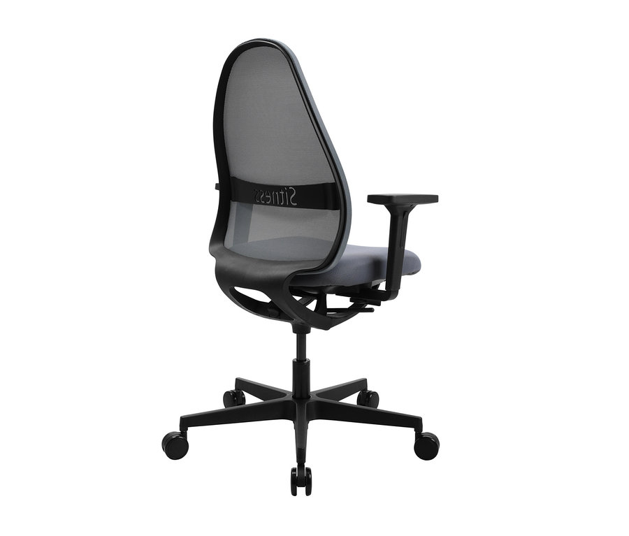 Detailansicht eines grauen Topstar »SOFT SITNESS ART« Bürostuhls von hinten auf weißem Hintergrund.
