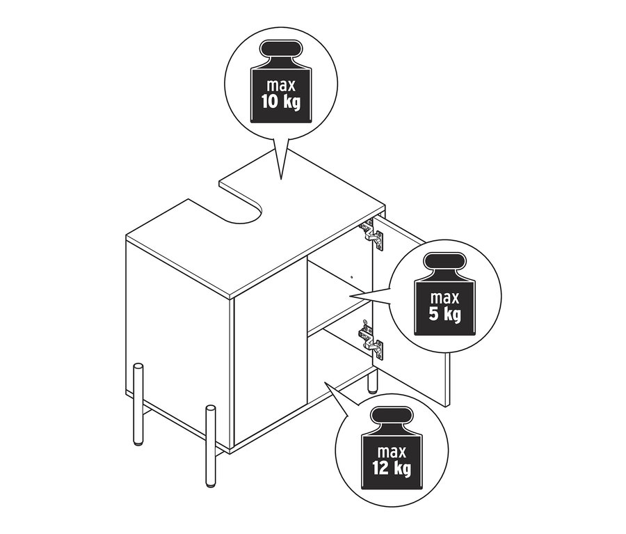 Zeichnung eines Waschbeckenunterschranks mit Holzfurnier und einer maximalen Tragfähigkeit von 10 kg auf der Oberseite.