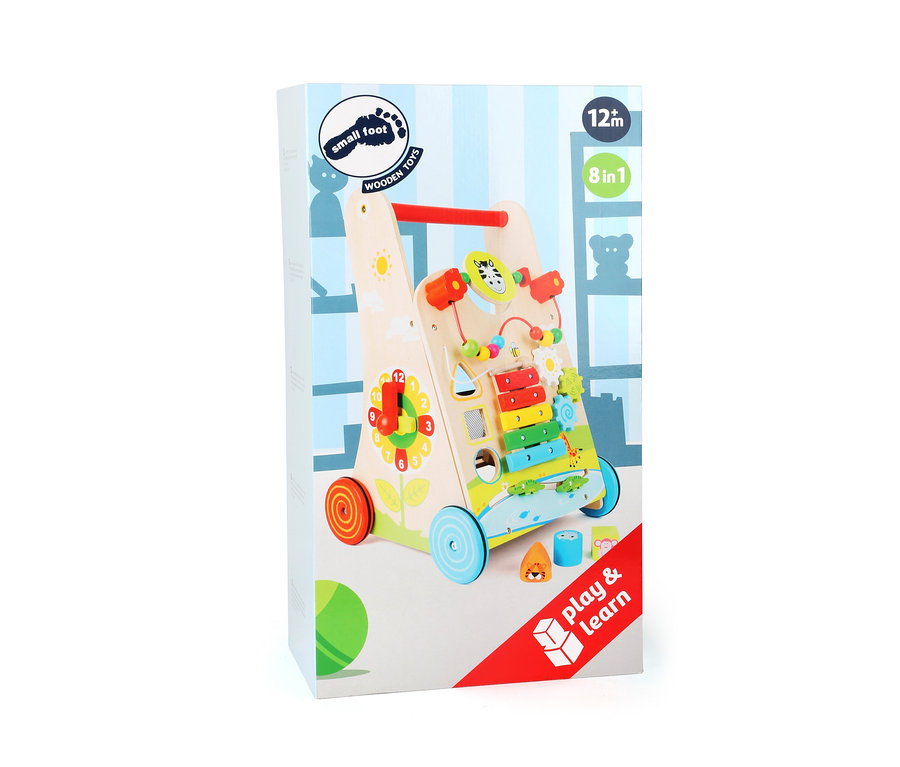 Verpackung des small foot Lauflernwagens »Blumenwiese« mit Spielzeug und Aktivitäten.