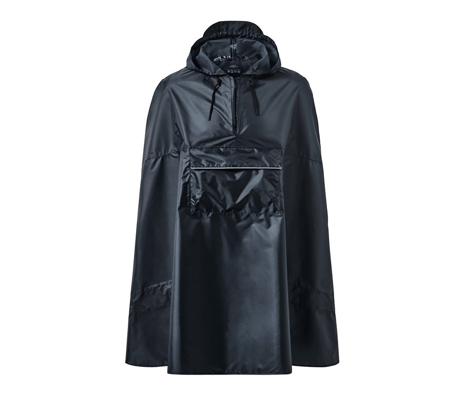 Blauer Unisex-Regenponcho mit Kapuze und Tasche.