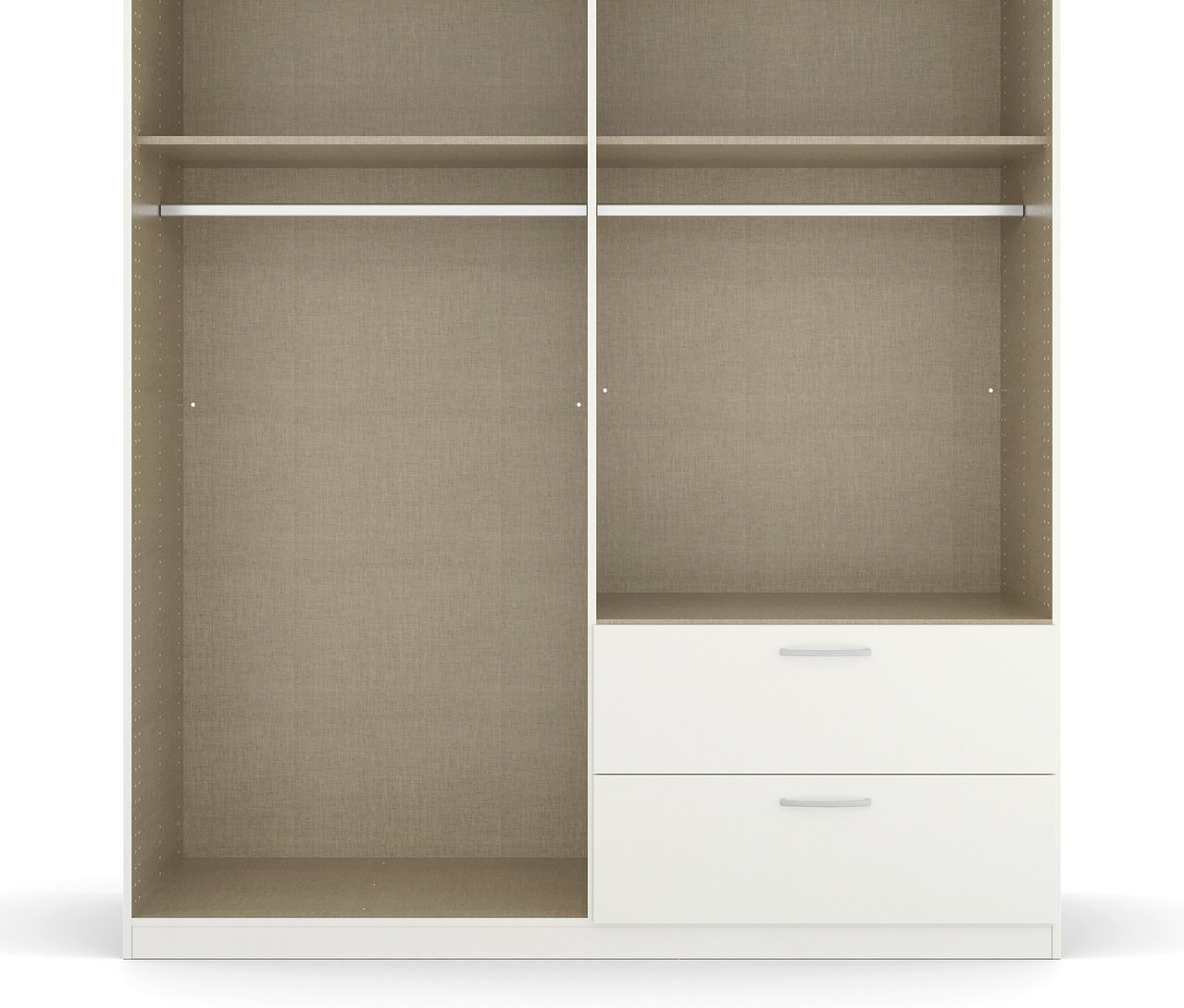 Leerer, offener, weißer Kleiderschrank mit zwei Regalen und zwei Schubladen.