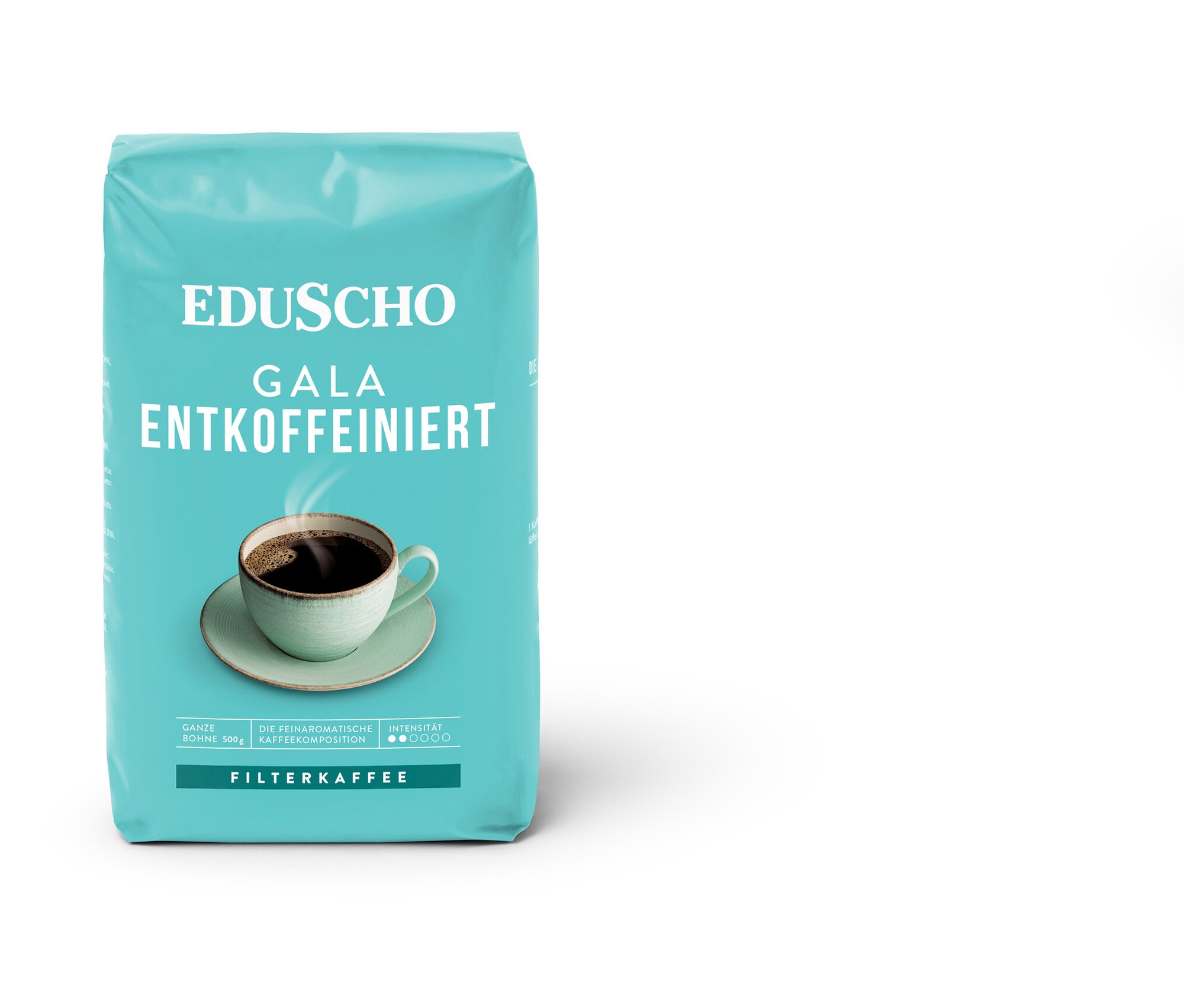 Eine Packung EDU Gala entkoff. 500g Ventil mit einer Tasse Kaffee auf der Verpackung.