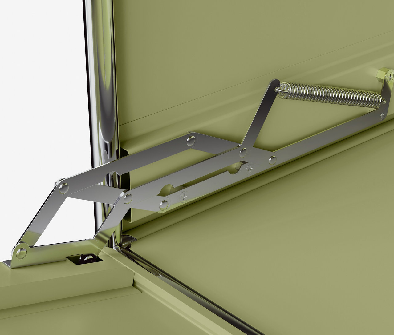 Detailaufnahme vom Inneren eines offenen Metallschranks mit Federscharnier-Mechanismus.