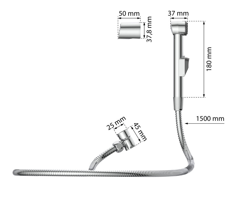 Abbildung einer Bidetdusche mit Maßangaben.