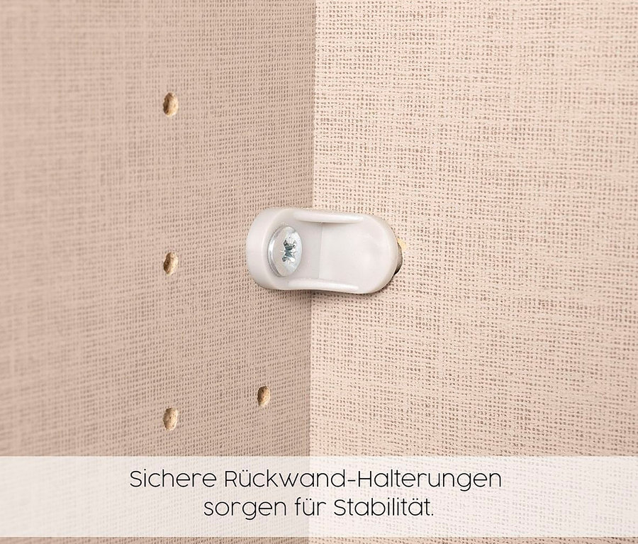 Detail einer Möbelrückwandbefestigung mit einer weißen Plastikhalterung und Schraube.