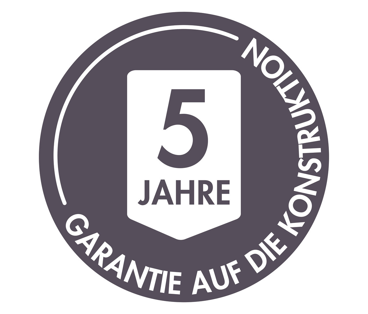 Logo mit Text "5 Jahre Garantie auf die Konstruktion".