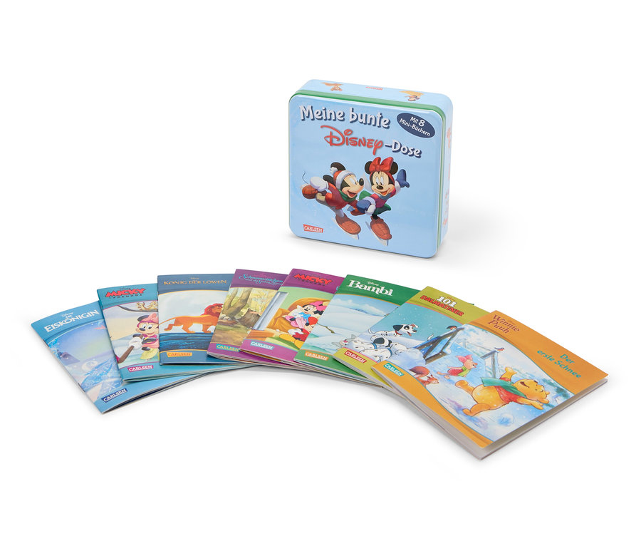 Eine Disney-Dose aus Blech mit acht Mini-Büchern, deren Cover Figuren aus Die Eiskönigin, Mickey Mouse, Der König der Löwen, Bambi, 101 Dalmatiner und Winnie Puuh zeigen.